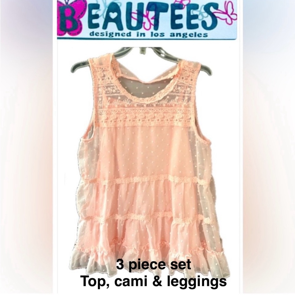 BEAUTEES 3pc Girls Victorian style Top, slip & leggings blush color Size XL NWT